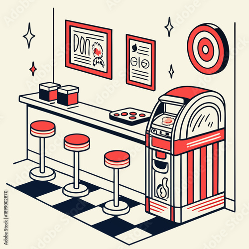Retro diner interior with classic jukebox and counter stools under warm lighting creating a nostalgic atmosphere and vintage aesthetic.