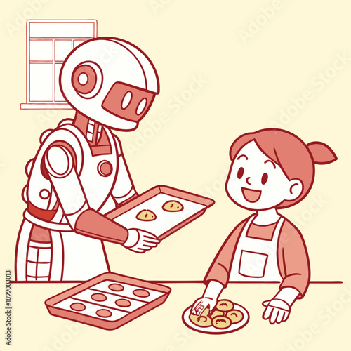 Robot and Child Baking Cookies Together in a Warm Kitchen Scene with Red Tones and Soft Lighting