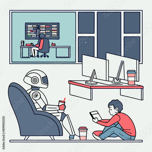 Robot and person relaxing in modern office break room with computers and window view late at night