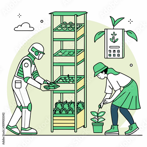 Robot and Person Tending to Vertical Indoor Garden System with Fresh Produce and Healthy Plants Illuminated by Soft Natural Light Symbolizing Agricultural Technology and Sustainable Farming Practices