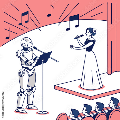 Robot and Woman Perform Together on Stage with Audience Watching in a Theater Featuring Music Notes and Red Curtains
