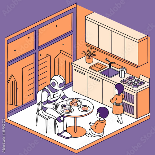Robot Sits With Two Children At A Round Table In A Modern Kitchen With Large Window Overlooking A Cityscape Isometric View