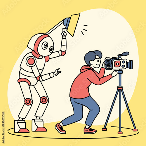Robotic assistant adjusts lighting for a videographer filming with a professional camera on a tripod in a studio with a yellow background