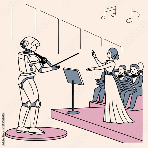 Robotic Musician Plays Violin Under Human Conductor's Direction During Orchestral Performance with Audience Attendees Watching on Stage