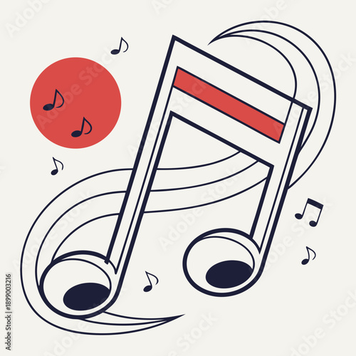 Stylized Musical Notes And Symbols In A Melody With A Red Circle Element Against A Cream Colored Background With Dark Blue Accents
