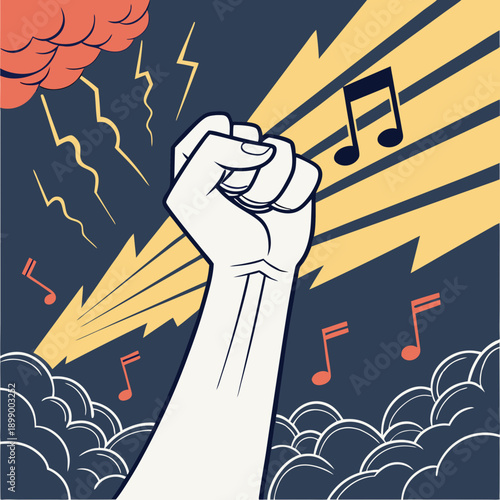 Symbol of power and music a raised fist clenched in solidarity amid a dramatic storm with lightning bolts and musical notes signifying rebellion and strength against a dark blue and yellow background