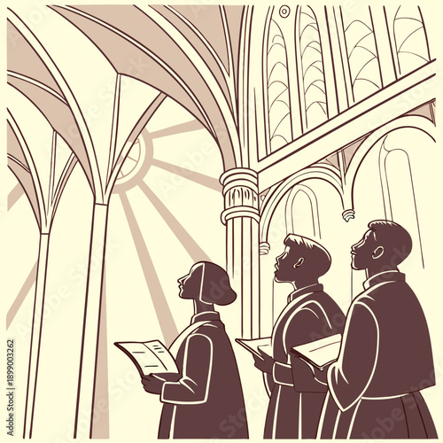 Three Clergy Members in Robes Holding Hymnals and Singing in a Gothic Cathedral Interior with Sunlight Streaming Through Arched Windows