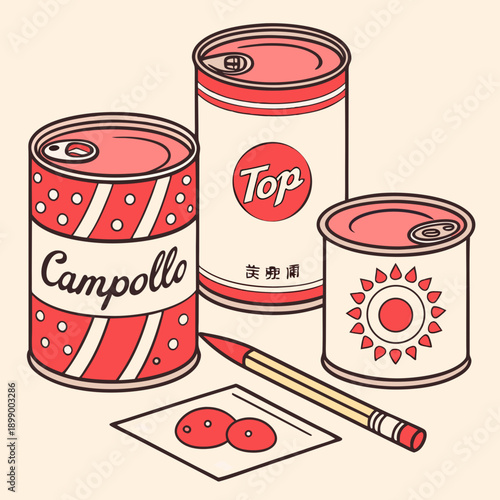 Three Retro Cans of Food Arranged with a Pencil and Paper with Two Red Shapes on a Light Peach Background Vintage Style Illustration
