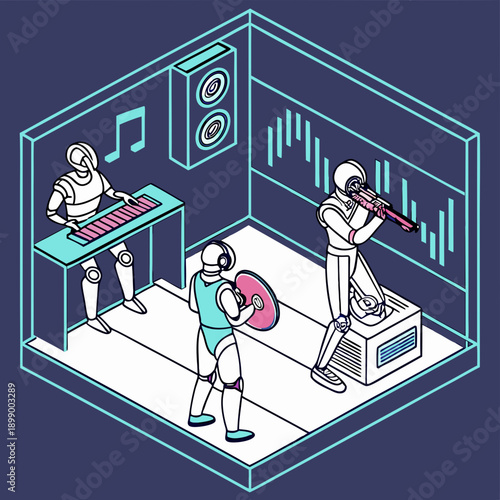 Three robots playing musical instruments in a futuristic room with glowing blue outlines and sound wave visualizations on the wall