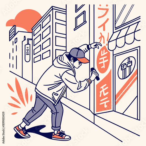 Urban youth with baseball cap and hoodie sprays graffiti on a storefront at dusk with graphic elements and stylized building in background orange and cream color palette