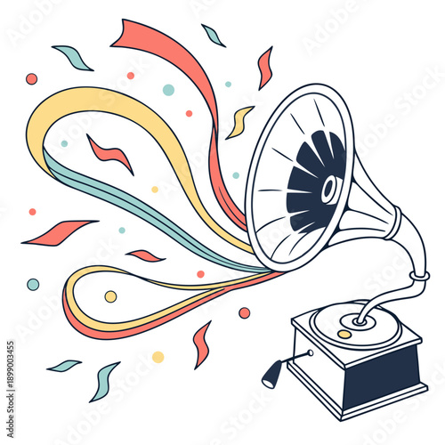 Vintage Gramophone Emitting Colorful Ribbons and Confetti Celebratory Music and Joyful Atmosphere Abstract Illustration