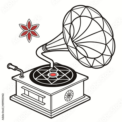 Vintage Gramophone Illustration with Ornate Horn and Stylized Starburst Detail on Turntable Detailed Outline Drawing on White Background