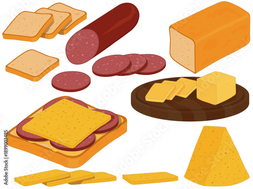 Isolated sandwich ingredients and prepared sandwich illustration