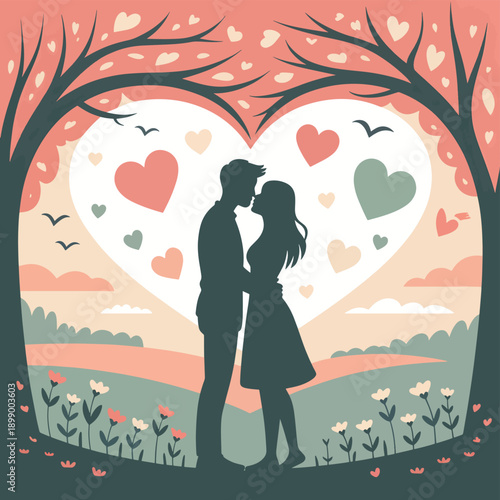 Silhouette couple kissing under a heart-shaped tree with floating hearts and flowers