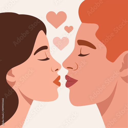 Couple kissing with hearts in pink and brown tones, love romance day