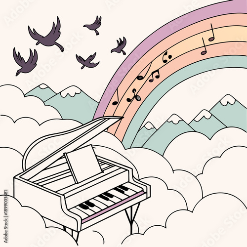 Whimsical Grand Piano Rises Amidst Clouds and Mountains Under a Pastel Rainbow with Flying Birds and Musical Notes