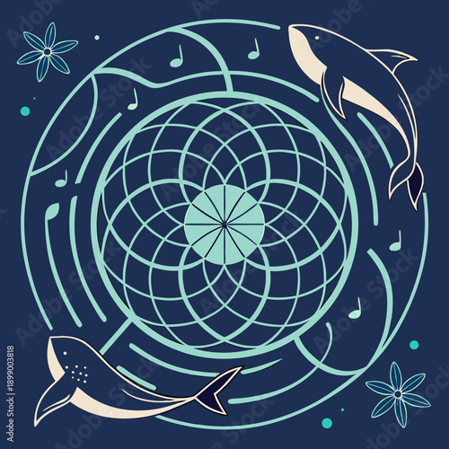 Whimsical underwater circular mandala design with playful whales and starfish in calming blue and teal tones evoking a sense of oceanic harmony and serene beauty