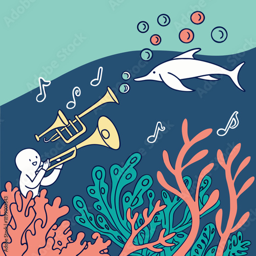 Whimsical Underwater Scene of a Person Playing Trumpets to a Dolphin Surrounded by Coral and Bubbles in Calm Blue Water