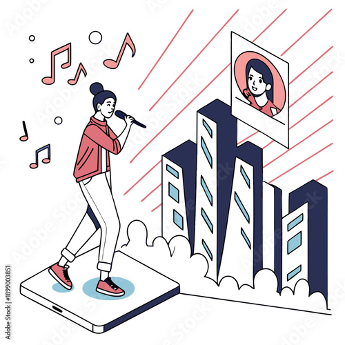 Woman Singing with Microphone on Smartphone Stage with Cityscape Background and Musical Notes Floating in Air During a Performance