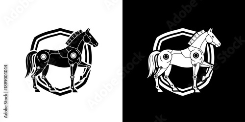 Two horse logos with gear and wheel designs on black and white backgrounds.