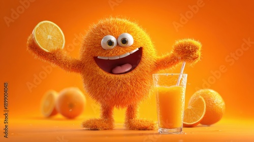 Cute Orange Furry Monster Holding Lemon Slice Standing Next to Glass of Orange Juice