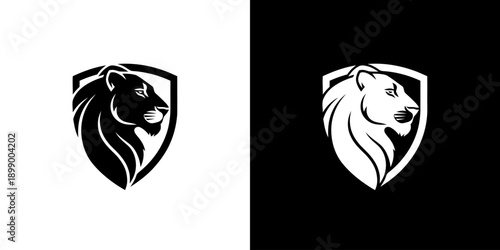 Two lion head logos on shield on white and black background