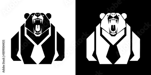 Two stylized bear head and shoulders in business attire against contrasting backgrounds.