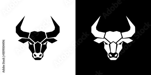 Geometric bull head logos in black and white on contrasting backgrounds