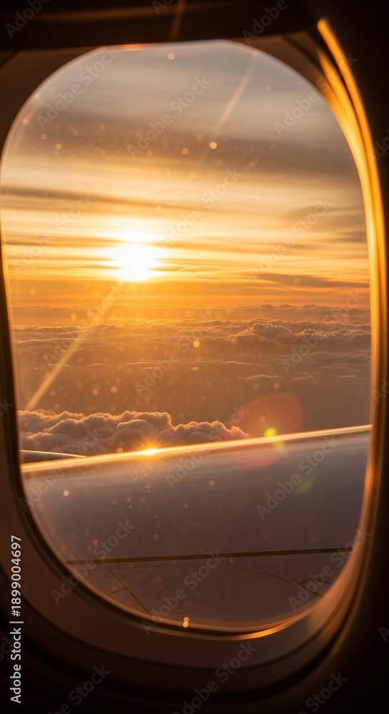 Fototapeta premium View sky from an airplane window as the sun sets behind the.