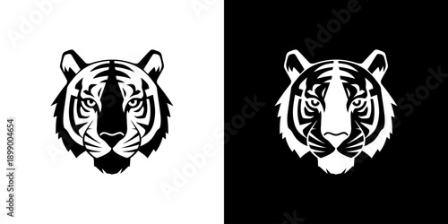 Black and white tiger head illustrations on contrasting backgrounds