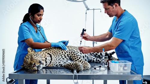 Two Veterinarians Examining and Treating Sedated Leopard on Operating Table