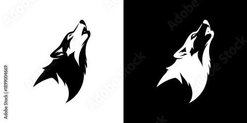 Two wolf head silhouettes howling upwards on white and black backgrounds