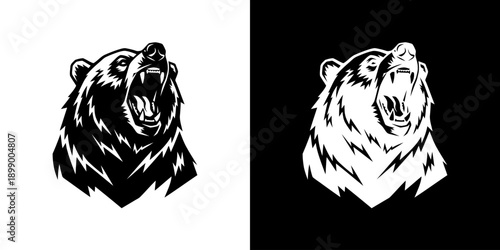 Black and white illustrations of a roaring bear head on contrasting backgrounds