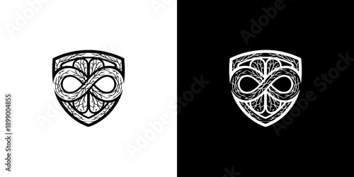 Flat lay of two shield logos with infinity symbol designs on white and black backgrounds.