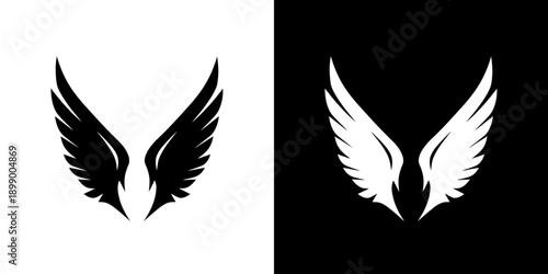 Black and white wing graphics on contrasting backgrounds.