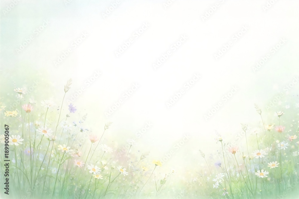 Fototapeta premium Horizontal banner nature background with pastel wildflowers along the bottom and large white text space