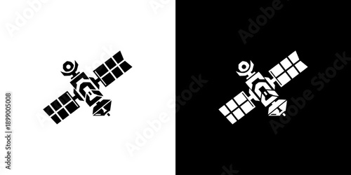 Black and white satellite icons on isolated backgrounds