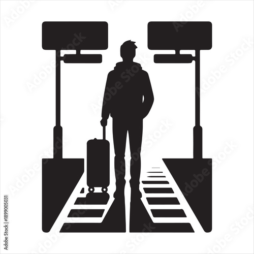  Solo Traveler at Train Station vector silhouette line art logo design concept illustration