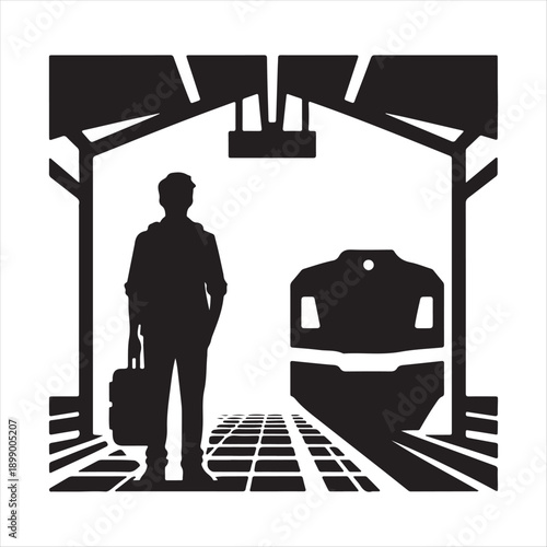  Solo Traveler at Train Station vector silhouette line art logo design concept illustration