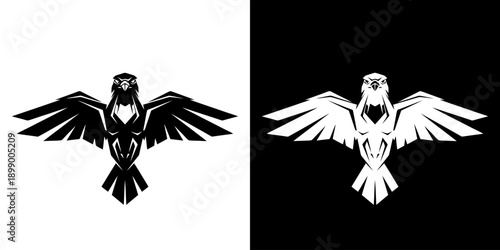 Black and white graphic illustrations of a bird in flight on contrasting backgrounds.