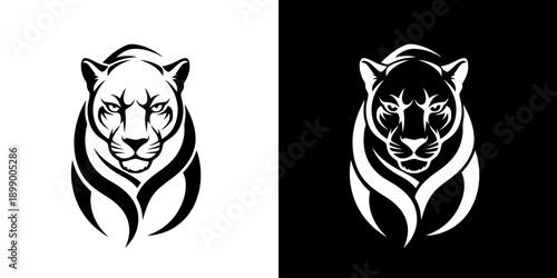 Black and white stylized tiger head logos on contrasting backgrounds.