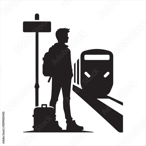  Solo Traveler at Train Station vector silhouette line art logo design concept illustration