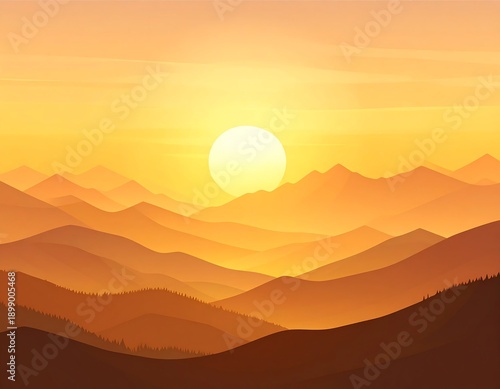 Sunset over mountain range illustration golden hour panoramic view
