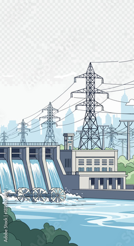 Hydroelectric Dam with Power Transmission Towers.