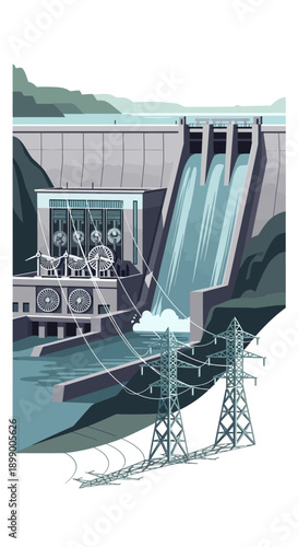 Hydroelectric Dam with Water Flowing Down.