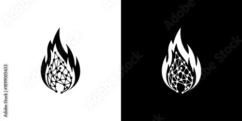 Black and white flame icons with honeycomb patterns on contrasting backgrounds