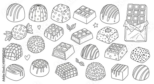 Collection of various chocolate candies and truffles in a detailed line art style.
