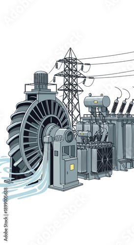 Hydroelectric Power Plant Turbine Generator.