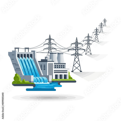 Hydroelectric Power Plant with Transmission Towers.