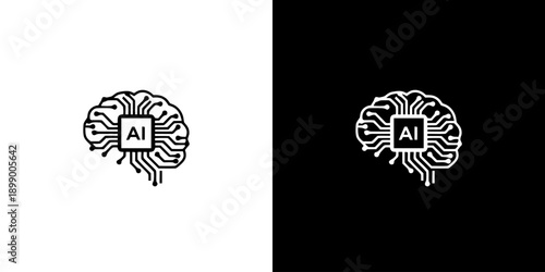 Black and white illustrations of brain with AI text on white and black backgrounds